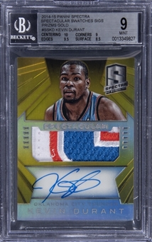 2014-15 Panini Spectra "Spectacular Swatches Signatures" Gold Prizm #SS-KD Kevin Durant Signed Patch Card (#01/10) BGS MINT 9/BGS 10